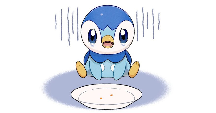 blue_eyes commentary_request empty_plate full_body looking_at_viewer no_humans official_art open_mouth piplup plate pokemon pokemon_(creature) project_pochama sitting solo tearing_up toes tongue white_background