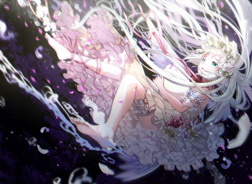 bare_shoulders barefoot bridal_garter bubble egg eyebrows feathers female green_eyes hair_ornament hair_ribbon highres lolita_fashion long_hair maronie. open_mouth original personification ribbon soles tears white_hair white_wings wings