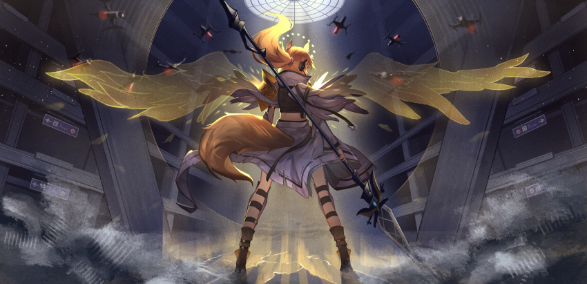 animal_ears arknights armor black_footwear black_shirt blonde_hair boots drone facing_away feathered_wings female from_behind full_body headset highres holding holding_polearm holding_weapon horse_ears horse_tail implied_extra_ears long_hair long_sleeves nearl_(arknights) nearl_the_radiant_knight_(arknights) official_alternate_costume pauldrons pegasus_wings pixerite polearm ponytail shin_guards shirt shoulder_armor single_pauldron skirt skylight skylight_(architecture) solo tail weapon white_skirt white_sleeves wings