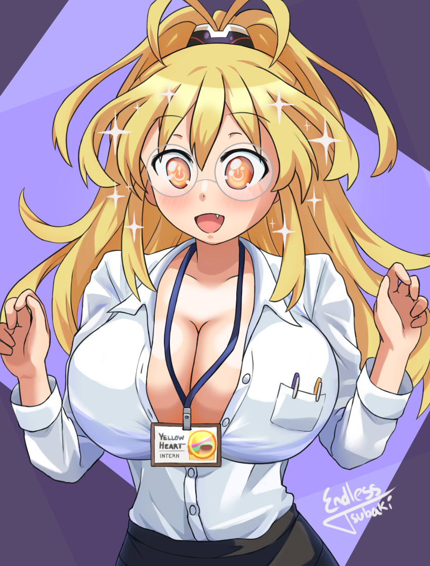 :d absurdres alternate_costume black_skirt blonde_hair blush breasts character_name cleavage collared_shirt endlesstsubaki female glasses hair_between_eyes hands_up happy highres id_card kami_jigen_game_neptune_v large_breasts long_hair long_sleeves looking_at_viewer neptune_(series) no_bra orange_eyes partially_unbuttoned ponytail power_symbol power_symbol-shaped_pupils shirt skirt smile solo sparkle sparkling_eyes symbol-shaped_pupils undersized_clothes upper_body white_shirt yellow_eyes yellow_heart_(neptunia)