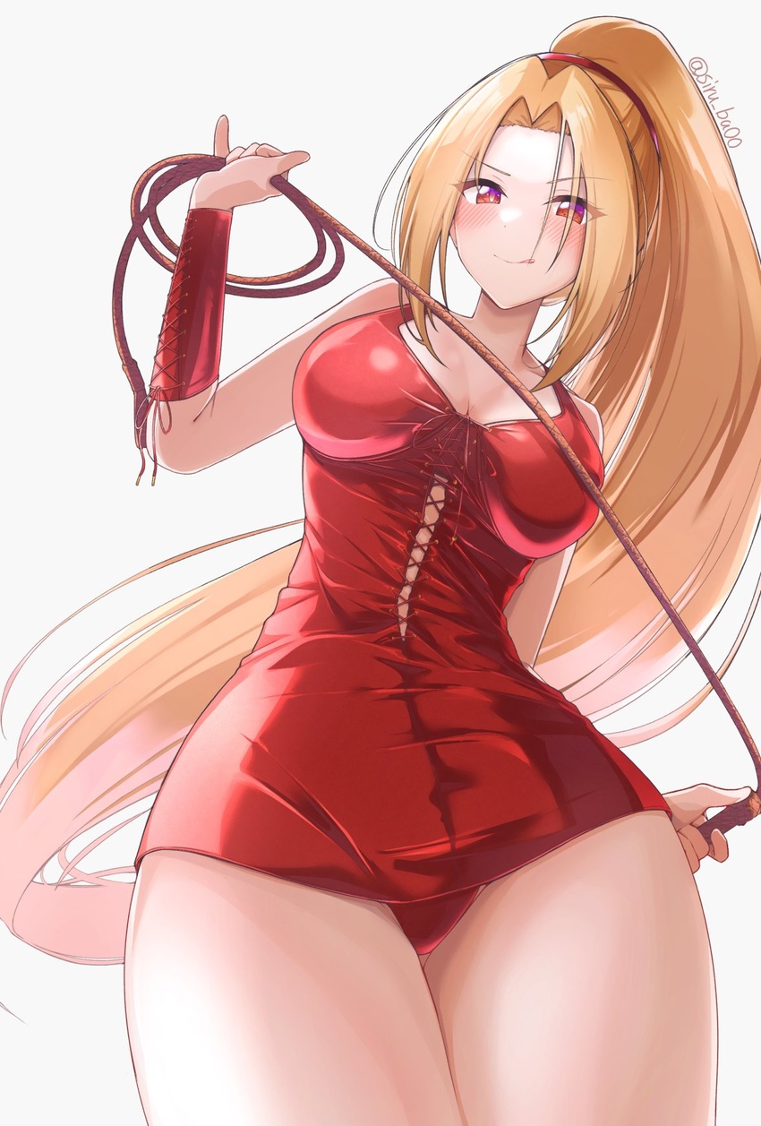 blonde_hair breasts closed_mouth commentary_request dress female highres holding kagin_(kagou_shita_nanika) long_hair looking_at_viewer panties ponytail red_dress red_panties short_dress shynesslady simple_background smile solo star_ocean star_ocean_the_second_story strapless underwear very_long_hair whip white_background