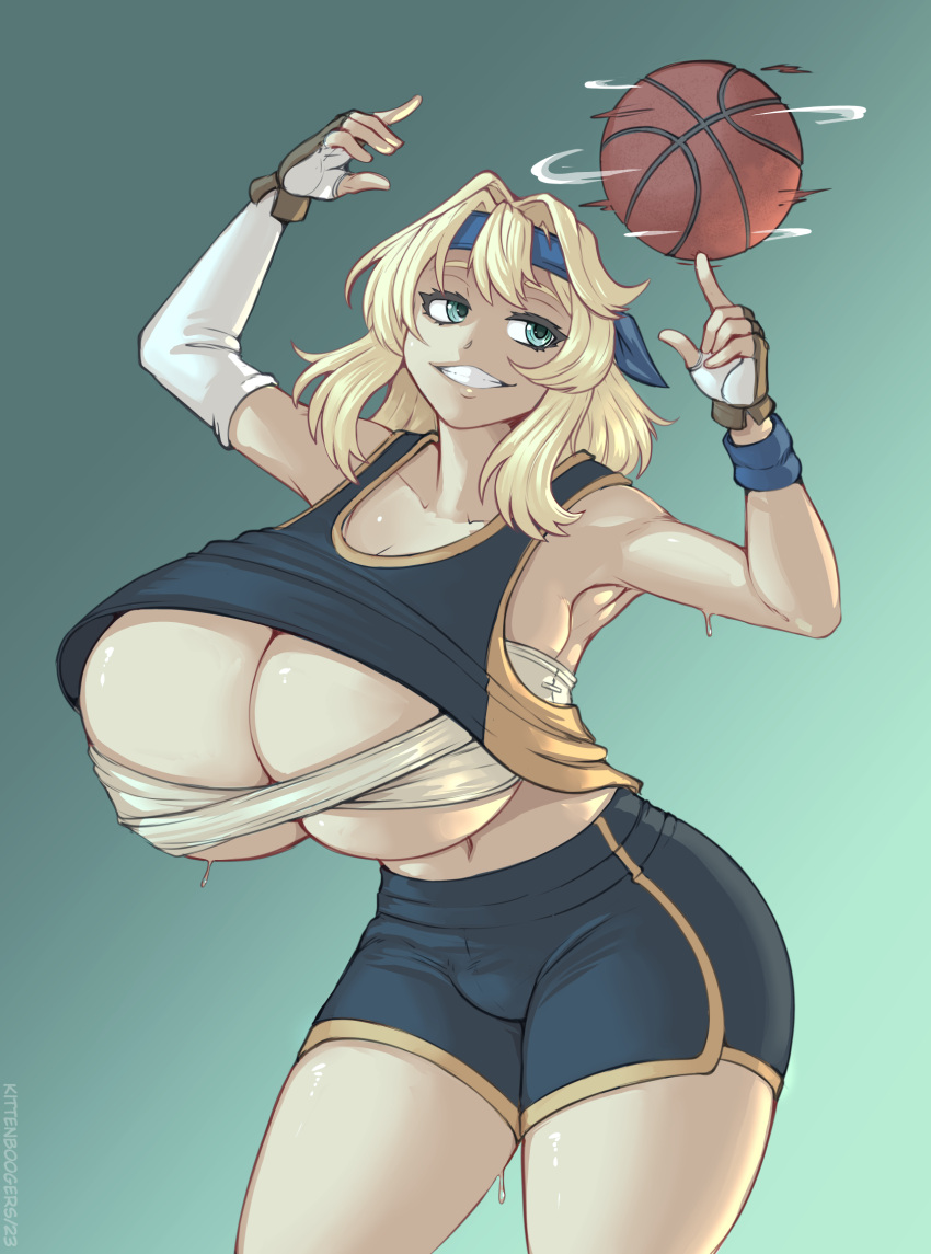 armpits asymmetrical_gloves ball basketball basketball_jersey basketball_uniform black_gloves black_shorts blonde_hair breasts bridget budget_sarashi curvy elbow_gloves female fingerless_gloves genderswap_(mtf) gloves green_background green_eyes grin guilty_gear guilty_gear_strive highres holding holding_ball huge_breasts kittenboogers looking_to_the_side medium_hair navel plump rule_63 sarashi shorts simple_background smile sportswear sweatband two-tone_gloves white_gloves