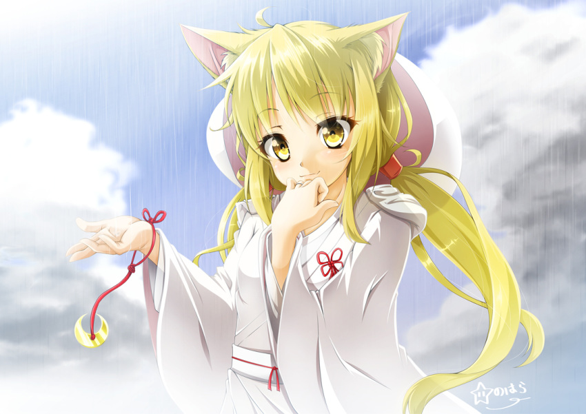 ahoge animal_ear_fluff animal_ears blonde_hair cloud cloudy_sky commentary_request crescent crescent_pin female fox_ears hair_between_eyes hand_to_own_mouth hoshi_nohara japanese_clothes kantai_collection kimono low_twintails outstretched_arm rain satsuki_(kancolle) sky solo twintails uchikake wataboushi yellow_eyes