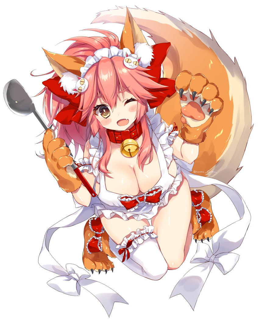 ;d animal_ear_fluff animal_ears animal_hands apron bell blush_stickers breasts cat_hair_ornament claws cleavage collar fate/grand_order fate_(series) female fox_ears fox_tail full_body gloves hair_ornament highres holding honoka_chiffon ladle large_breasts long_hair looking_at_viewer maid_headdress naked_apron neck_bell oerba_yun_fang one_eye_closed open_mouth paw_gloves paw_shoes pink_hair red_collar ringed_eyes shoes simple_background single_thighhigh skin_fang smile solo tail tamamo_(fate) tamamo_cat_(fate) tamamo_cat_(third_ascension)_(fate) thighhighs white_background white_thighhighs yellow_eyes