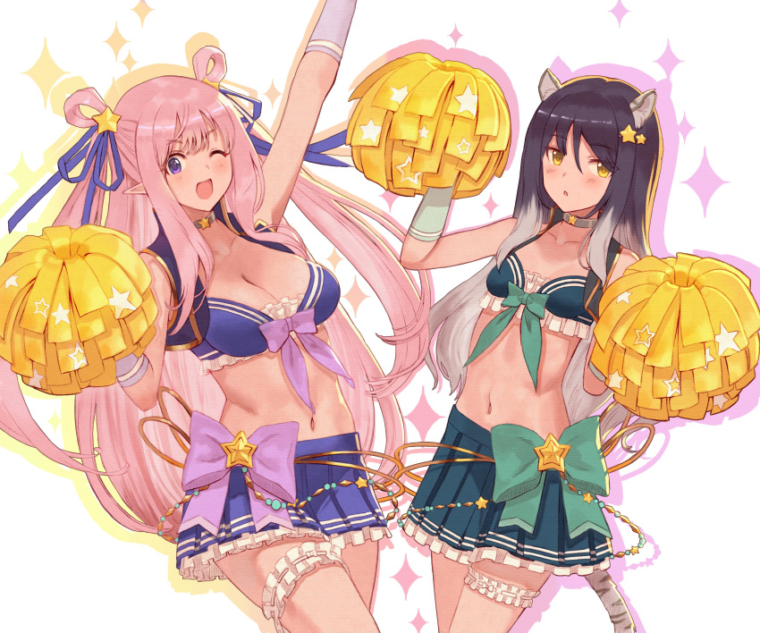 2girls :o absurdres animal_ears arm_up bikini bikini_skirt black_hair blue_ribbon blue_skirt blush bow bow_bikini breasts bridal_garter cheerleader choker cleavage crop_top cropped_vest elf frilled_bikini frills gloves grey_hair hair_ornament hair_ribbon hair_rings hatsune_(princess_connect!) hatsune_(summer)_(princess_connect!) highres holding holding_pom_poms large_breasts long_hair looking_at_viewer midriff multicolored_hair multiple_girls one_eye_closed open_clothes open_mouth open_vest outline parted_lips pink_hair pleated_skirt pointy_ears pom_pom_(cheerleading) princess_connect! purple_bikini purple_eyes purple_gloves ribbon shiori_(princess_connect!) siblings sidelocks simple_background sisters skirt small_breasts sparkle star_(symbol) star_hair_ornament swimsuit tail tiger_ears tiger_girl tiger_tail tsunekun two_side_up very_long_hair vest white_background