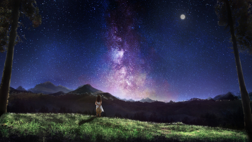 commentary_request dress female forest full_moon geshi grass hat holding landscape long_hair moon moonlight mountain nature night night_sky original outdoors plant scenery sky solo star_(sky) starry_sky straw_hat tree white_dress