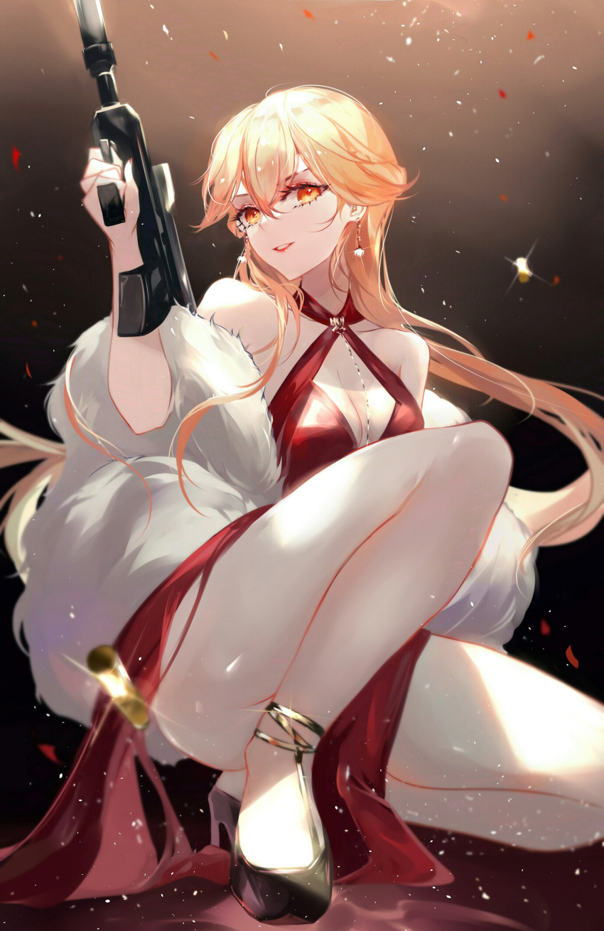 absurdres ass assault_rifle bare_shoulders black_footwear blonde_hair breasts center_opening cleavage collarbone commentary_request criss-cross_halter dress earrings feather_boa female finger_on_trigger floating_hair girls'_frontline glint gradient_background gun hair_between_eyes halterneck hand_up high_heels highres holding holding_gun holding_weapon jewelry large_breasts legs lipstick long_hair looking_at_viewer makeup official_alternate_costume on_one_knee orange_eyes ots-14_(girls'_frontline) ots-14_(ruler_of_the_banquet)_(girls'_frontline) parted_lips red_dress rifle shell_casing sleeveless sleeveless_dress smile solo thighs vardan weapon