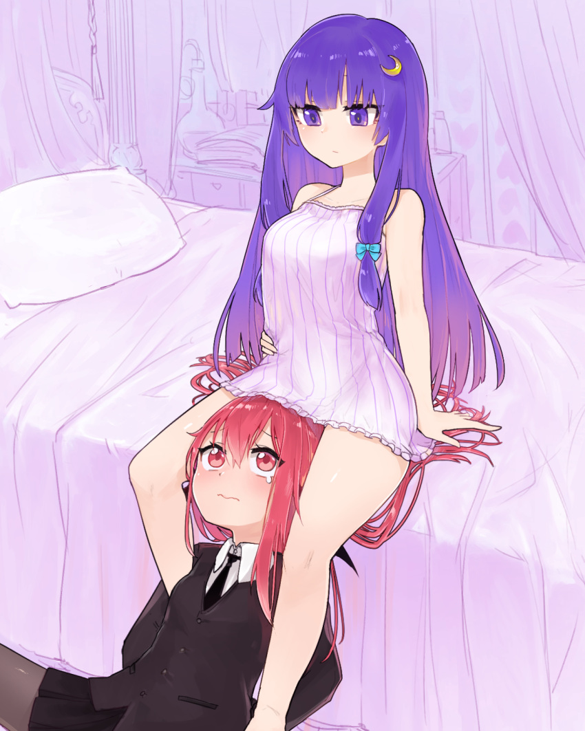 13o 2girls bat_wings between_legs between_thighs blue_ribbon blush bow breasts crescent crescent_hair_ornament dress frilled_dress frills hair_ornament hat head_wings highres koakuma lingerie long_hair mob_cap multiple_girls negligee patchouli_knowledge purple_eyes purple_hair red_eyes red_hair red_ribbon ribbon striped_clothes striped_dress touhou underwear very_long_hair wings