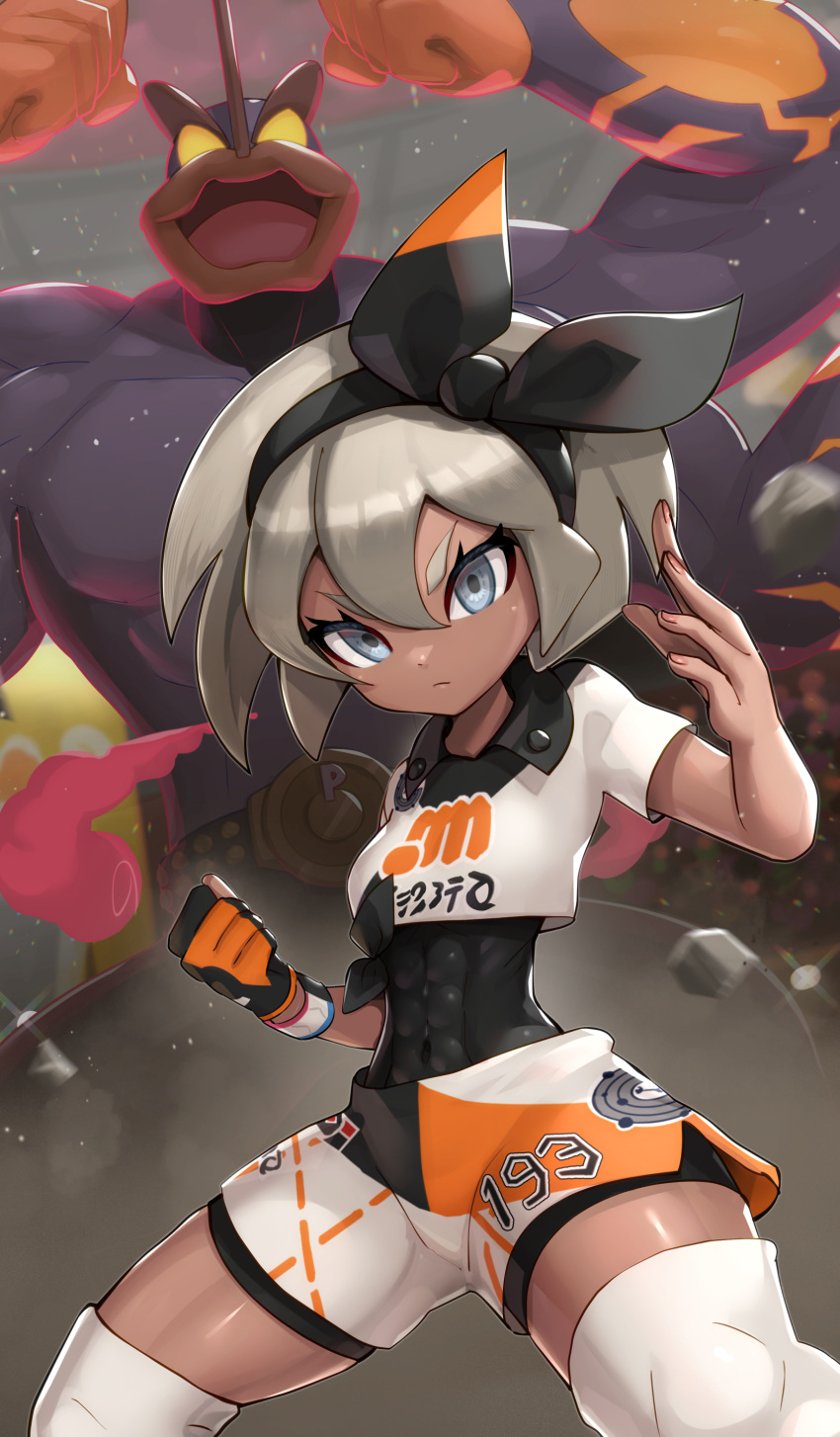 absurdres bea_(pokemon) black_bodysuit black_hairband bodysuit bodysuit_under_clothes bow_hairband collared_shirt commentary dynamax_band female gigantamax gigantamax_machamp gloves gonzarez grey_eyes grey_hair hair_between_eyes hairband highres knee_pads machamp partially_fingerless_gloves pokemon pokemon_(creature) pokemon_swsh print_shirt print_shorts shirt short_hair short_sleeves shorts side_slit side_slit_shorts single_glove