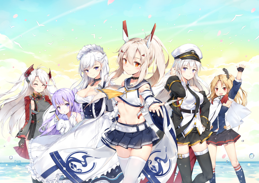 6+girls ^_^ ahoge antenna_hair arm_up armpits ayanami_(azur_lane) azur_lane bandaid bare_shoulders belfast_(azur_lane) belt black_choker black_gloves black_jacket black_legwear black_skirt blonde_hair blue_skirt breasts capelet choker cleavage cleveland_(azur_lane) closed_eyes collared_shirt crop_top crop_top_overhang day detached_sleeves dress dress_shirt enterprise_(azur_lane) floating_hair gloves gold_trim gradient_sky groin hair_ornament hand_up hat highres jacket kneehighs large_breasts long_dress long_hair long_sleeves looking_at_viewer maid maid_headdress maya_g medium_breasts midriff miniskirt mole mole_on_breast multicolored_hair multiple_girls navel necktie ocean off_shoulder one_side_up open_clothes open_jacket orange_eyes outdoors outstretched_arm parted_lips peaked_cap pleated_skirt ponytail prinz_eugen_(azur_lane) purple_eyes purple_hair red_eyes retrofit_(azur_lane) sailor_collar shirt sideboob skirt sky sleeveless sleeveless_shirt smile standing stomach streaked_hair stuffed_alicorn two_side_up underboob underbust unicorn_(azur_lane) very_long_hair white_dress white_hair white_headwear white_legwear white_shirt wide_sleeves