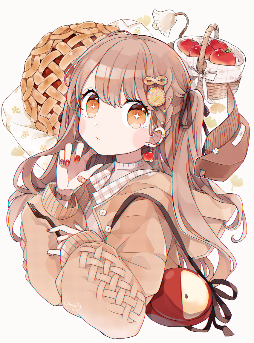 +_+ apple apple_earrings apple_pie bag basket black_ribbon blush_stickers braid brown_eyes brown_hair brown_jacket chon_(chon33v) closed_mouth commentary_request cropped_torso desk_lamp ear_piercing earrings female food food-themed_earrings fruit hair_ornament hair_ribbon hands_up highres hood hood_down hooded_jacket jacket jewelry lamp long_hair long_sleeves nail_polish original pie piercing puffy_long_sleeves puffy_sleeves red_apple red_nails ribbon shoulder_bag sleeves_past_wrists solo two_side_up upper_body white_background