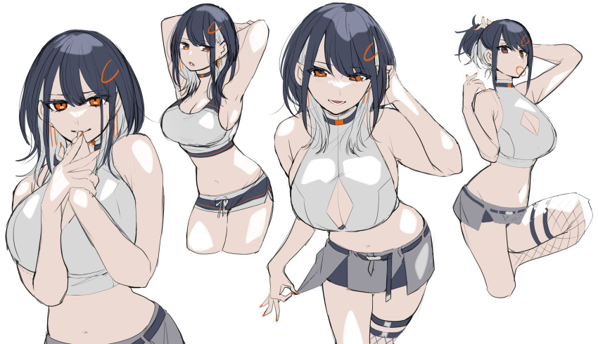 absurdres black_choker black_hair breasts choker cleavage cleavage_cutout clothes_pull clothing_cutout colored_inner_hair crop_top female fishnet_thighhighs fishnets grey_hair grey_skirt hair_tie_in_mouth halterneck highres holding holding_own_hair indie_virtual_youtuber large_breasts looking_at_viewer medium_hair midriff mouth_hold multicolored_hair multiple_views navel orange_eyes shirasu_(mashiro_(rikuya)) shirasu_uni single_thighhigh skirt skirt_pull smile thigh_strap thighhighs virtual_youtuber white_background