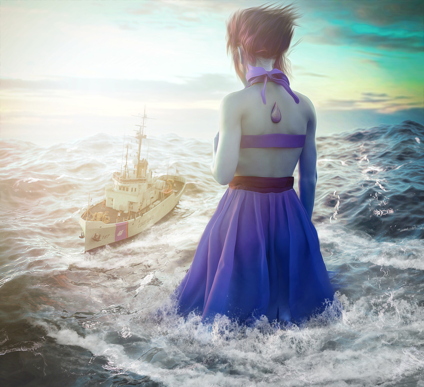 3d_(artwork) bare_back blue_body blue_skin cartoon_network clothing coast_guard colored digital_media_(artwork) dress female flagg3d gem gem_(species) hair hi_res humanoid lapis_lazuli_(steven_universe) macro sea ship short_hair sky solo steven_universe sun vehicle water watercraft wave