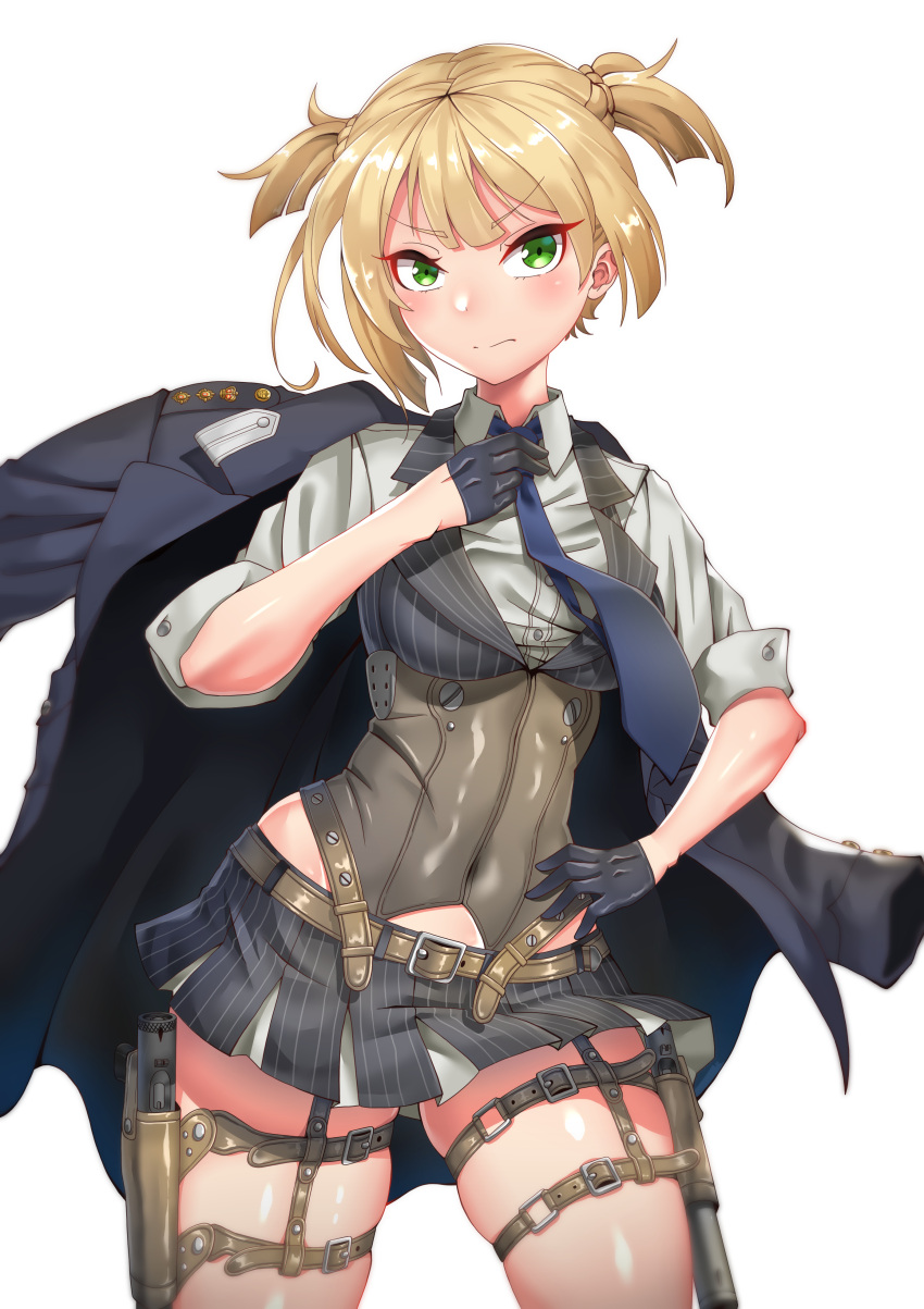 absurdres adjusting_clothes adjusting_necktie belt black_gloves blue_necktie bolt_action breasts coat coat_on_shoulders commentary corset covered_navel english_commentary female girls'_frontline gloves green_eyes gun hand_on_own_hip handgun head_out_of_frame highres hip_vent hitch_(perotoss) holster insignia medium_breasts military military_rank_insignia military_uniform miniskirt navel necktie pinstripe_pattern pinstripe_vest shirt short_hair skindentation skirt sleeves_rolled_up solo striped_clothes striped_shirt striped_skirt striped_vest thick_thighs thigh_holster thigh_strap thighs two_side_up uniform vertical-striped_clothes vertical-striped_shirt vertical-striped_vest vest weapon welrod welrod_mkii_(girls'_frontline) white_background