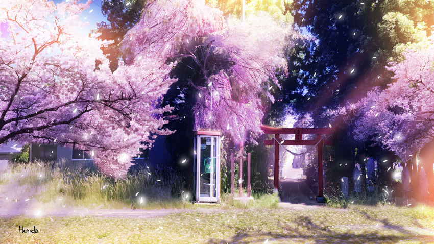 building cherry_blossoms commentary_request geshi grass highres no_humans original outdoors path payphone phone phone_booth plant scenery sky spring_(season) statue torii tree window