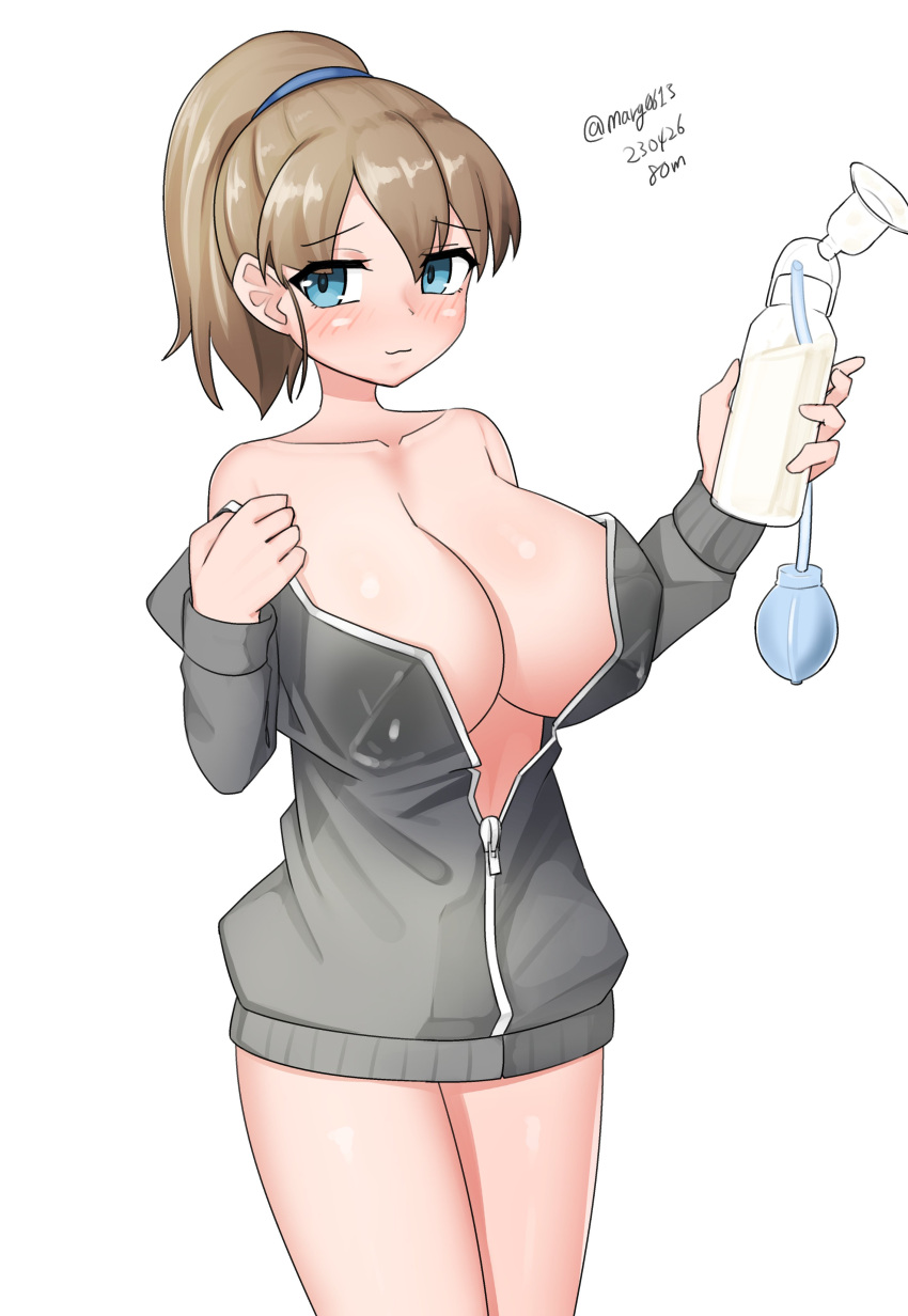 :3 absurdres blue_eyes bottle breast_pump breasts brown_hair cleavage cowboy_shot female grey_jacket highres holding intrepid_(kancolle) jacket kantai_collection lactation large_breasts looking_at_viewer maru_(marg0613) milk milking_machine open_clothes open_jacket ponytail short_hair simple_background solo twitter_username white_background