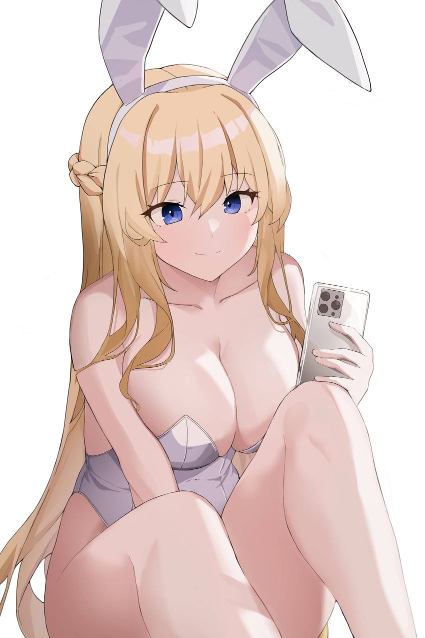 absurdres animal_ears bare_shoulders between_legs blonde_hair blue_eyes braid breasts cellphone cleavage collarbone commission fake_animal_ears female hairband highleg highleg_leotard highres holding iphone_11_pro kiro_(kirotayu) knees_up large_breasts leotard long_hair looking_at_viewer original phone playboy_bunny rabbit_ears sitting smartphone smile solo strapless strapless_leotard thighs very_long_hair white_leotard