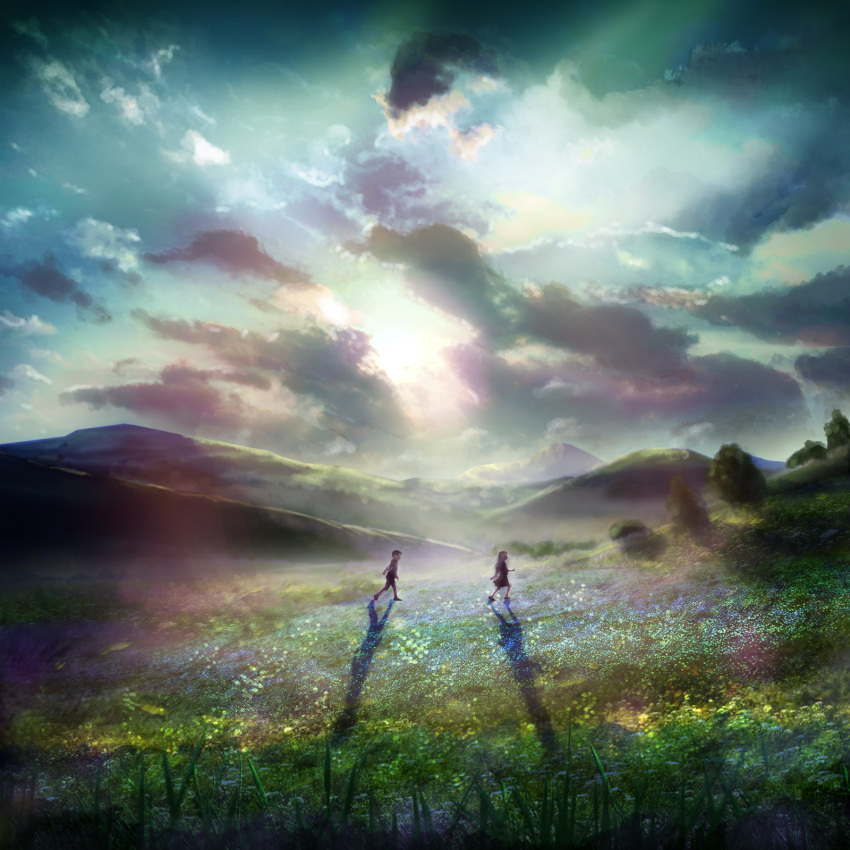 1boy cloud cloudy_sky commentary_request dress female geshi grass grasslands highres hill landscape long_hair nature original outdoors pants plant scenery shirt shoes sky sun sunlight tree walking