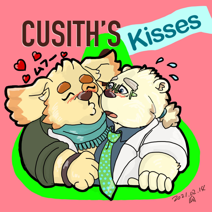 1:1 2021 anthro bear blush canid canine canis closed_eyes clothing cu_sith_(tas) domestic_dog duo english_text eyewear glasses heart_symbol hi_res japanese_text kemono leib_(tas) lifewonders male male/male mammal necktie nigauritaruto overweight overweight_male polar_bear scarf shirt simple_background text tokyo_afterschool_summoners topwear ursine