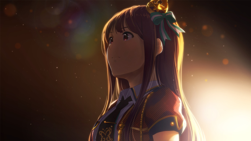 backlighting black_necktie bow brown_hair closed_mouth crown female from_side green_bow hairbow highres idol idol_clothes idolmaster idolmaster_million_live! idolmaster_million_live!_theater_days long_hair mini_crown narumi_nanami necktie puffy_short_sleeves puffy_sleeves red_eyes shiny_trinity_(idolmaster) short_sleeves solo tanaka_kotoha upper_body