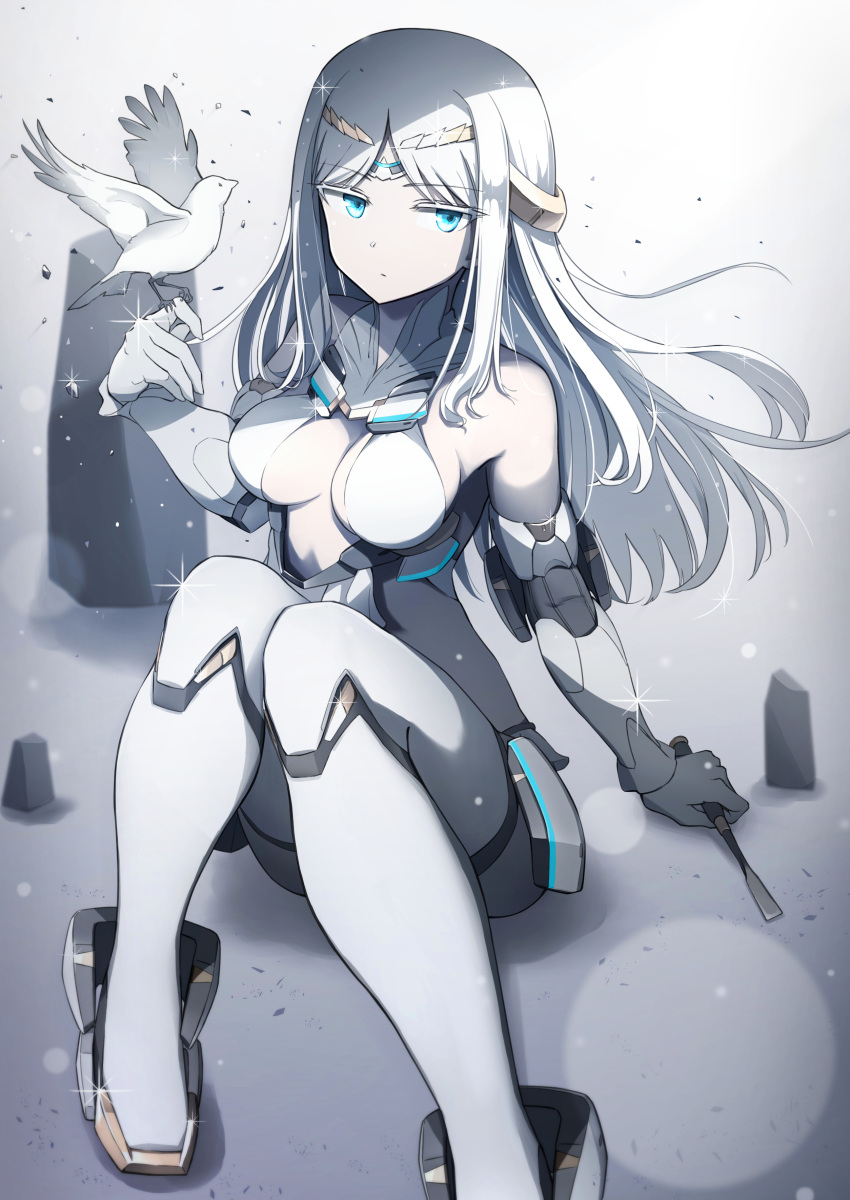 absurdres bare_shoulders bikini bird blue_eyes breasts cleavage dove elbow_gloves fate/grand_order fate_(series) female galatea_(fate) gloves halterneck highres joints long_hair looking_at_viewer medium_breasts pale_skin parted_bangs robot_joints sitting solo swimsuit thighhighs tiara white_bikini white_gloves white_hair white_thighhighs yuniyuni