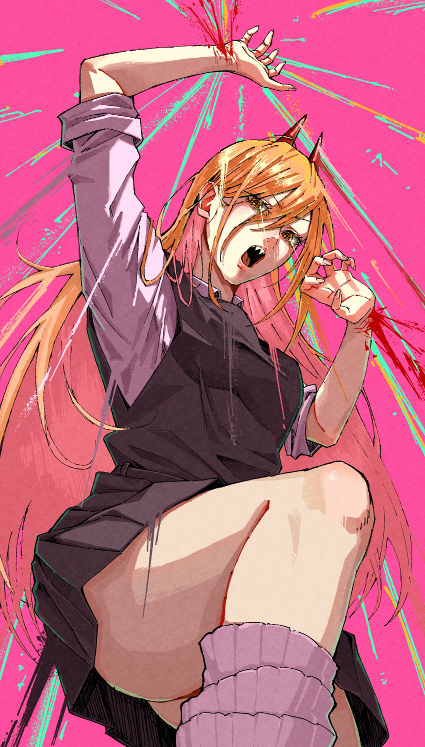 absurdres ass blonde_hair blood chainsaw_man collared_shirt commentary_request cross-shaped_pupils demon_girl demon_horns erupusai2 female hair_between_eyes hand_up highres horns loose_socks open_mouth power_(chainsaw_man) red_horns sharp_teeth shirt simple_background skirt socks solo symbol-shaped_pupils teeth yellow_eyes