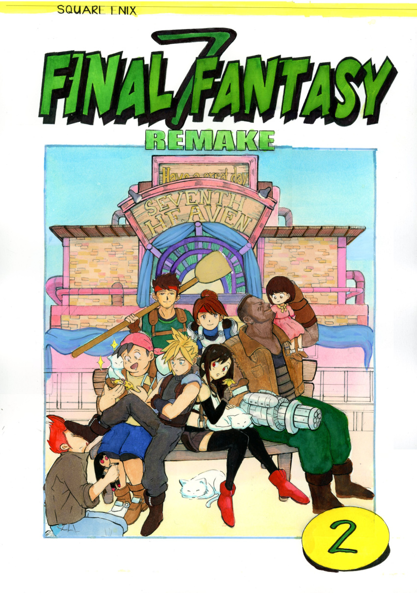 3girls 5boys absurdres barret_wallace biggs_(ff7) black_hair black_skirt blonde_hair blue_eyes boots broom brown_hair cloud_strife cover cover_page dark-skinned_male dark_skin detached_sleeves dress feline final_fantasy final_fantasy_vii final_fantasy_vii_remake flower gloves gun highres holding holding_broom holding_flower hugo_artist jacket jessie_rasberry johnny_(ff7) lolicon long_hair marlene_wallace multiple_boys multiple_girls painting_(medium) pink_dress red_eyes red_footwear red_hair sitting skirt spiked_hair thighhighs tifa_lockhart traditional_media weapon wedge_(ff7)