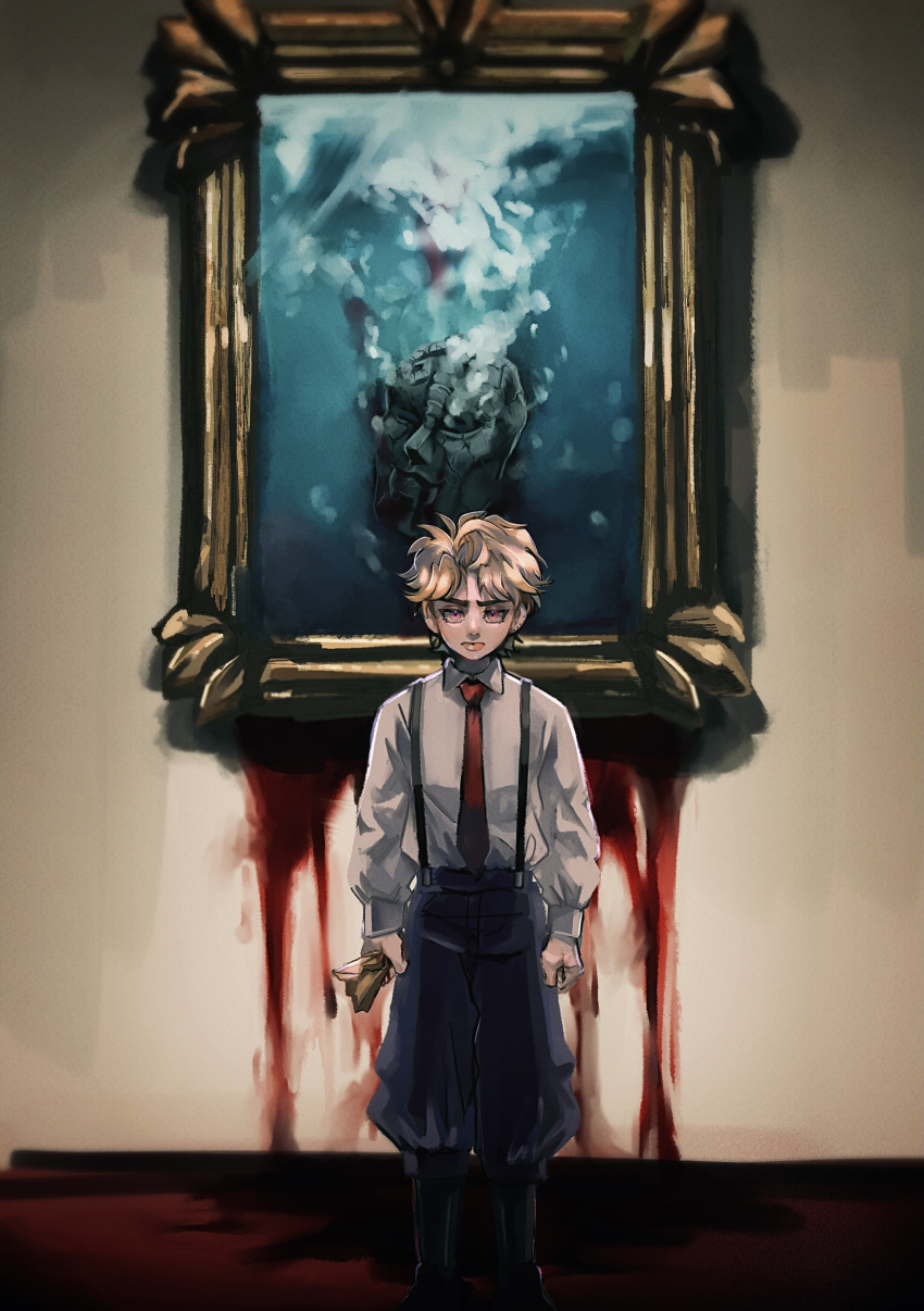 1boy absurdres arms_at_sides black_legwear blonde_hair blood blood_on_wall clenched_hands collared_shirt dio_brando highres holding holding_paper jojo_no_kimyou_na_bouken lolicon long_sleeves looking_at_viewer mole_on_ear natchan_blue_(nanairopenki) necktie ocean painting_(object) paper phantom_blood picture_frame shirt short_hair stone_mask_(jojo) suspenders underwater yellow_eyes