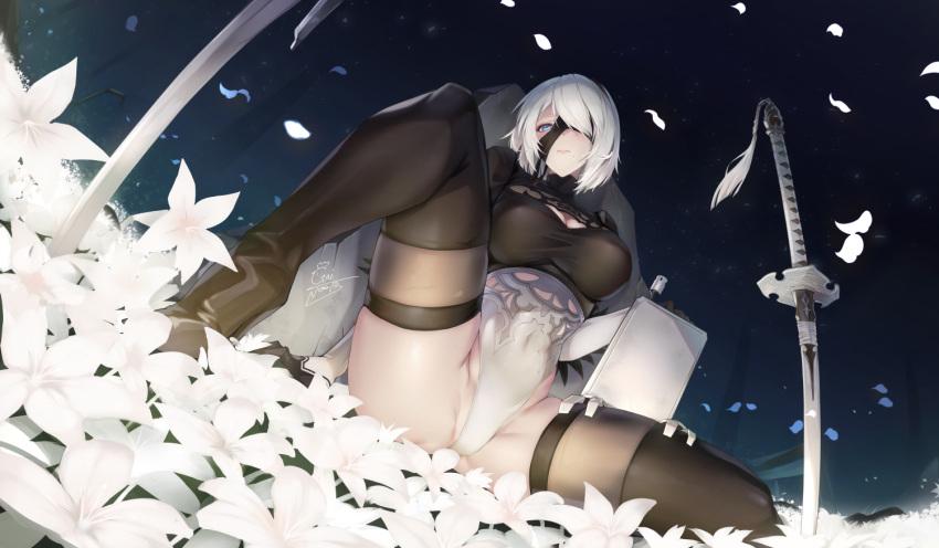 2b_(nier:automata) black_blindfold blindfold blindfold_slip boots breasts cleavage cleavage_cutout clothing_cutout female flower gainoob grey_hair highleg highleg_leotard leotard looking_at_viewer nier:automata nier_(series) planted planted_sword pod_(nier:automata) sitting spread_legs sword thigh_boots thighhighs thighhighs_under_boots weapon