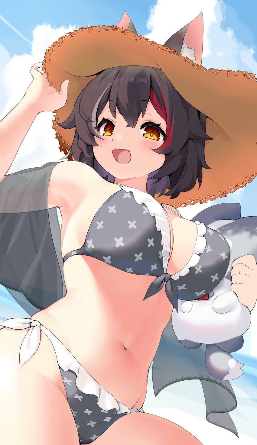 :3 absurdres animal_ears bikini black_hair breasts cowboy_shot cross_print dutch_angle ears_through_headwear female frilled_bikini frills grey_bikini hat highres hololive large_breasts looking_at_viewer miofa_(ookami_mio) multicolored_hair ocean official_alternate_costume ookami_mio open_mouth red_hair short_hair straw_hat streaked_hair swimsuit virtual_youtuber white_hair wolf_ears xiaodong327399 yellow_eyes