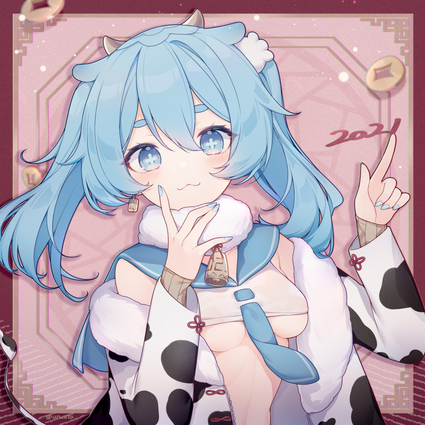 +_+ 2021 absurdres animal_ears animal_print bell blue_eyes blue_hair blue_nails blue_necktie blue_sailor_collar breasts chinese_zodiac commentary_request cow_ears cow_girl cow_horns cow_print cow_tail crop_top earrings eta eyebrows_hidden_by_hair female fur-trimmed_jacket fur_collar fur_trim hair_between_eyes highres horns jacket jewelry long_sleeves looking_at_viewer medium_breasts nail_polish necktie new_year off_shoulder open_clothes open_jacket original print_jacket sailor_collar shirt short_eyebrows sleeveless sleeveless_shirt sleeves_past_wrists solo tail thick_eyebrows twintails underboob upper_body white_jacket white_shirt year_of_the_ox