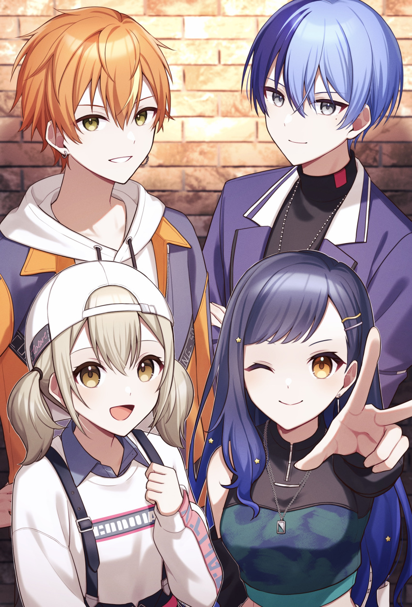 2boys 2girls absurdres aoyagi_touya asymmetrical_sleeves azusawa_kohane backwards_hat baseball_cap blonde_hair blue_hair brick_wall brown_eyes collared_shirt commentary crop_top earrings grey_eyes grin hair_ornament hairclip hand_on_own_chest hat highres jewelry long_sleeves looking_at_viewer low_twintails mole mole_under_mouth multicolored_hair multiple_boys multiple_girls necklace one_eye_closed open_mouth orange_hair project_sekai reaching reaching_towards_viewer shinonome_akito shiraishi_an shirt short_sleeves smile split-color_hair star_(symbol) star_hair_ornament suspenders symbol-only_commentary teneko02 twintails two-tone_hair vivid_bad_squad_(project_sekai) w yellow_eyes