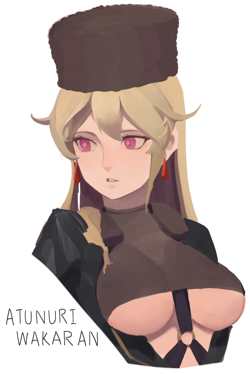 absurdres black_hat blonde_hair breasts commentary_request cropped_torso earrings female fur_hat girls'_frontline hat highres jewelry kkkhosuke large_breasts long_hair o-ring papakha parted_lips pink_eyes ptrd_(girls'_frontline) romaji_text simple_background solo underboob upper_body white_background