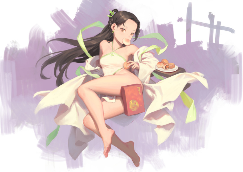 barefoot bigrbear black_hair bottomless breasts brown_eyes dress earrings feet female food jewelry legs long_hair looking_at_viewer medium_breasts mouth_hold open_clothes original solo toenails toes