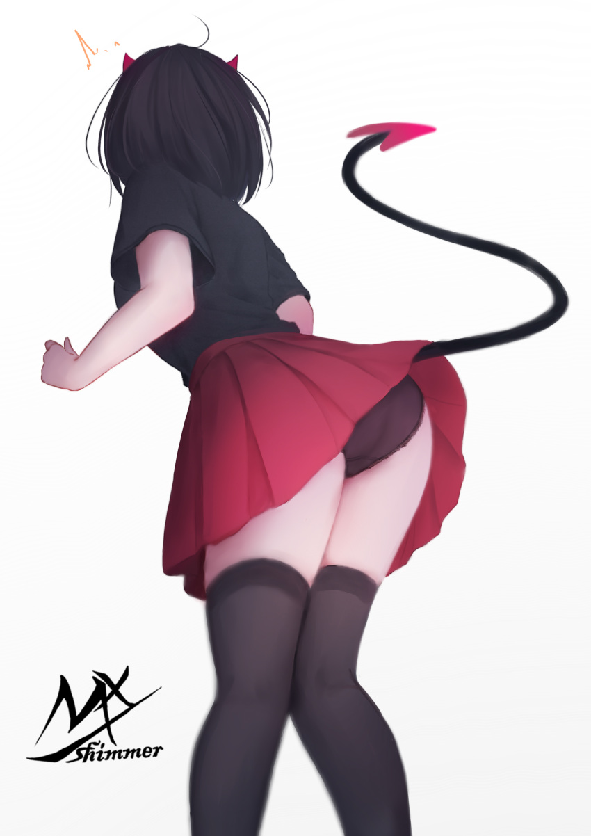 artist_name ass black-haired_demon_girl_(shimmer) black_hair black_panties black_shirt black_thighhighs commentary demon_horns demon_tail feet_out_of_frame female from_behind from_below highres horns lifted_by_tail original panties pleated_skirt red_horns red_skirt shimmer shirt short_hair short_sleeves simple_background skirt solo standing symbol-only_commentary tail tail_raised thighhighs underwear white_background