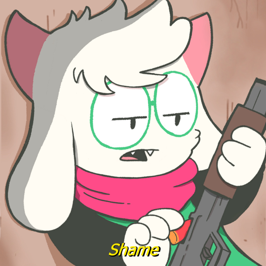 1:1 2022 3_fingers anthro black_clothing bovid caprine cheek_tuft clothed clothing cwitchy deltarune dialogue english_text eyewear facial_tuft fingers fur fur_tuft glasses goat green_clothing green_eyewear green_glasses gun holding_gun holding_object holding_ranged_weapon holding_weapon horn hot_fuzz mammal multicolored_clothing open_mouth pink_horn pink_scarf pink_tongue ralsei ralsei_with_a_gun ranged_weapon round_glasses scarf shell_(projectile) shotgun_shell solo subtitled teeth text tongue tuft undertale_(series) weapon white_body white_ears white_fur yellow_text