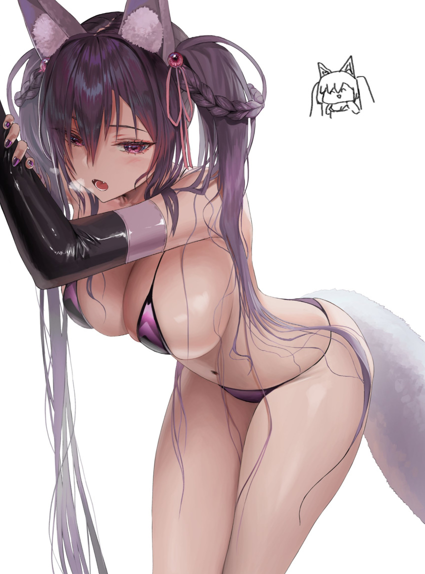 animal_ear_fluff animal_ears annie_(destiny_child) arched_back armpits arms_up bare_shoulders bent_over bikini black_bikini black_gloves blush braid braided_hair_rings breasts breath cleavage commentary_request cowboy_shot destiny_child elbow_gloves fangs female fingerless_gloves fox_ears fox_girl fox_tail gloves groin hair_between_eyes hair_ornament hair_ribbon hair_rings highres korean_commentary large_breasts latex latex_gloves leaning_forward long_hair looking_at_viewer myabit nail_polish navel open_mouth purple_bikini purple_eyes purple_hair purple_nails ribbon side-tie_bikini_bottom side_braid sidelocks signature simple_background skindentation solo stomach string_bikini sweat swimsuit tail thighs twintails very_long_hair white_background