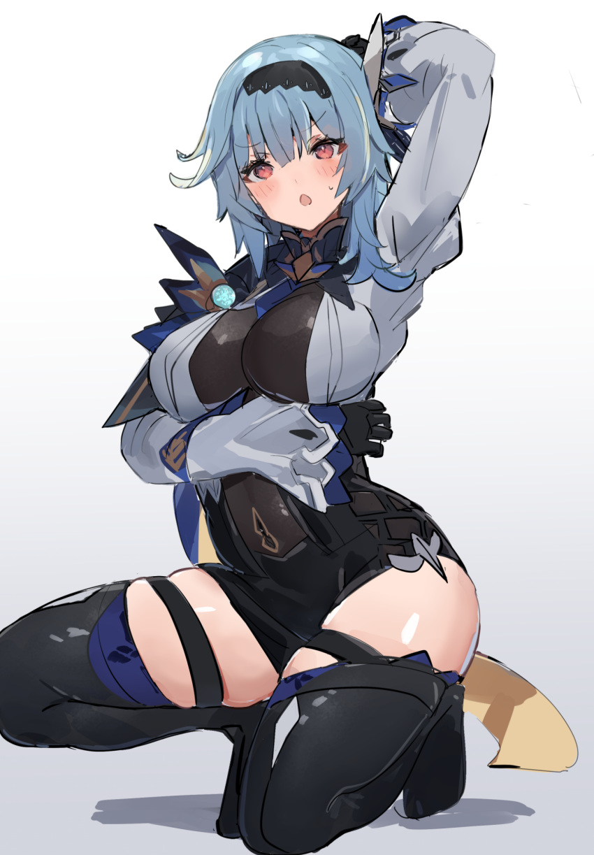 :o black_hairband black_shorts black_thighhighs blue_hair blush breasts commentary_request eula_(genshin_impact) fake_tail female genshin_impact gradient_background grey_background hair_between_eyes hair_ornament hairband high-waist_shorts highres large_breasts long_hair long_sleeves looking_at_viewer shirt short_shorts shorts solo squatting tail the_olphy thigh_strap thighhighs thighs white_background white_shirt