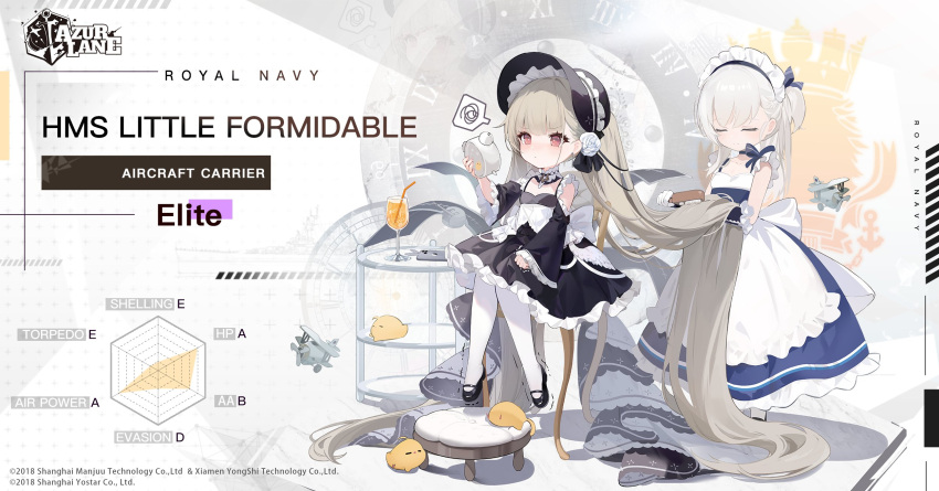 2girls absurdly_long_hair aircraft azur_lane bonnet brushing_another's_hair brushing_hair character_name copyright_name cup dress drinking_glass drinking_straw english_commentary english_text flight_deck highres holding_alarm_clock kincora little_bel_(azur_lane) little_formidable_(azur_lane) logo long_hair maid manjuu_(azur_lane) multiple_girls official_art promotional_art royal_navy_emblem_(azur_lane) second-party_source turret twintails very_long_hair