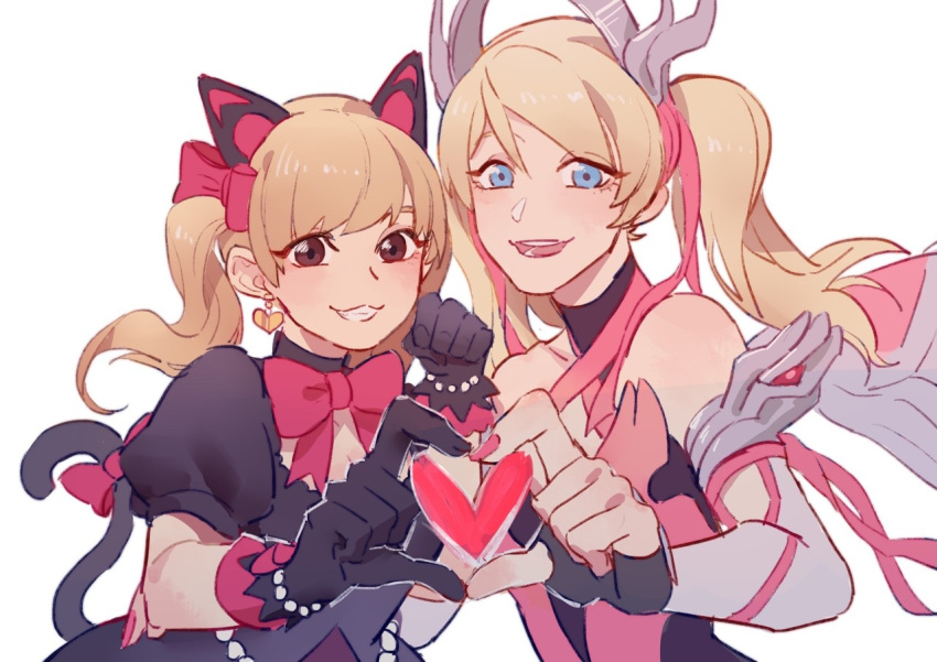 2girls animal_ears black_cat_d.va black_dress black_gloves blonde_hair blue_eyes blush bow breasts brown_eyes cat_ears cat_tail cleavage cleavage_cutout clenched_hand clothing_cutout d.va_(overwatch) die_(kurosb) dress english_commentary fake_animal_ears fingerless_gloves floating_hair gloves hairbow heart heart_hands heart_hands_duo horns looking_at_viewer mercy_(overwatch) multiple_girls overwatch overwatch_1 pink_bow pink_dress pink_mercy pink_nails smile tail twintails upper_body