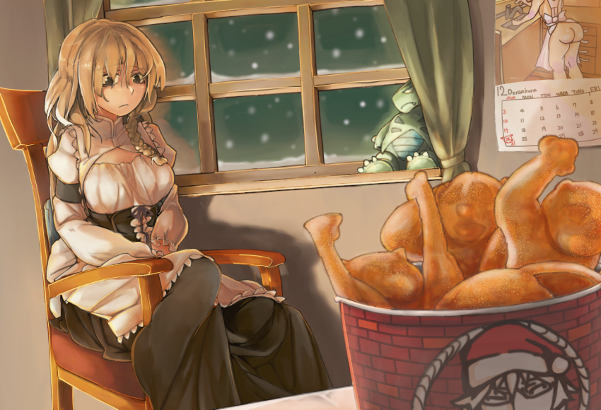 apron ass black_skirt blonde_hair blouse braid breasts brown_hair calendar_(object) character_doll christmas cleavage_cutout closed_mouth clothing_cutout commentary_request cookie_(touhou) corset curtains female fried_food frilled_apron frills glasses hat highres indoors inmu-kun juliet_sleeves kfc kirisame_marisa large_breasts lonely long_hair long_skirt long_sleeves manatsu_no_yo_no_inmu mars_(cookie) matsumaezuke_(nicoseiga53553856) morichika_rinnosuke pokemon puffy_sleeves remilia_scarlet sakura_(cookie) santa_hat shirt single_braid sitting skirt slow_loris snow snowing solo sponge_(cookie) stuffed_animal stuffed_toy touhou tyranitar waist_apron white_apron white_shirt window