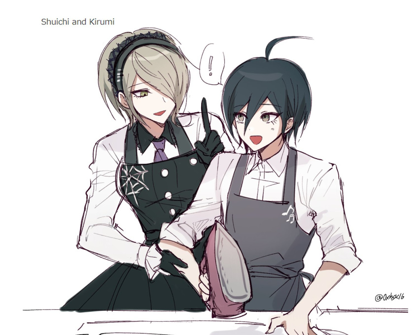 ! 16_(0xhsk16) 1boy :d ahoge alternate_costume apron black_dress black_gloves black_hair blonde_hair brown_eyes character_name collared_shirt commentary danganronpa_(series) danganronpa_v3:_killing_harmony dress female gloves green_eyes grey_apron hair_over_one_eye hand_up highres holding ironing looking_at_another looking_at_viewer musical_note musical_note_print necktie open_mouth pale_skin pinafore_dress protected_link saihara_shuichi shirt short_hair simple_background sleeveless sleeveless_dress smile sweatdrop tojo_kirumi twitter_username white_background white_shirt