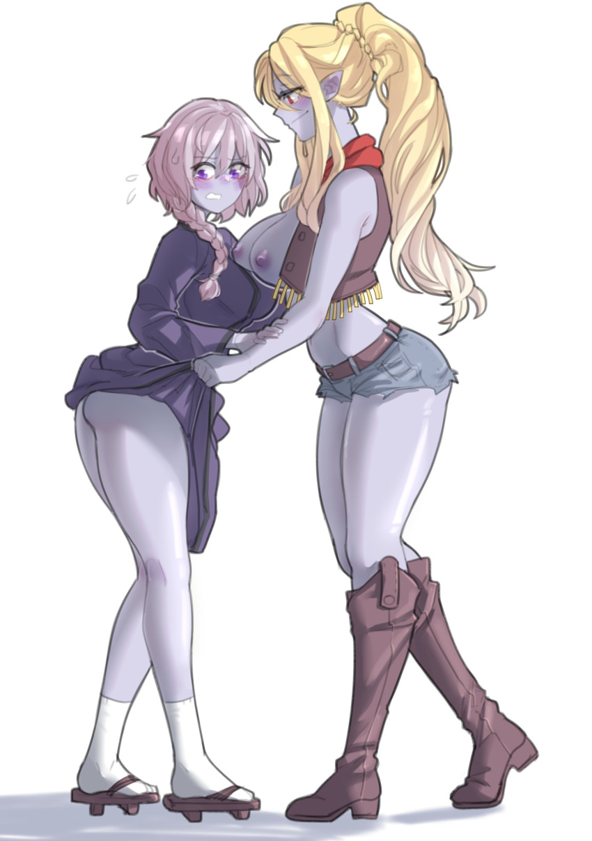 2girls ass belt blonde_hair boots braid breasts brown_footwear clothes_lift colored_skin commentary commission denim dress dress_lift from_side full_body geta height_difference highres knee_boots large_breasts leaning_forward lich_(monster_girl_encyclopedia) long_hair long_sleeves monster_girl_encyclopedia multiple_girls nipples pointy_ears ponytail popopoka purple_skin sandals short_shorts shorts simple_background skirt smile socks standing underbutt white_background white_socks wight_(monster_girl_encyclopedia) yuri