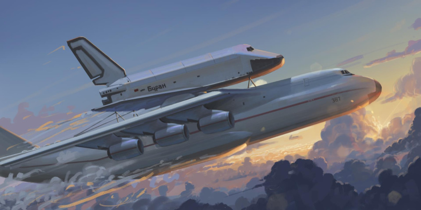 aircraft airplane antonov_an-225 blue_sky buran_(spacecraft) chinese_commentary cloud cloudy_sky commentary_request engine flying highres original painting_(medium) scenery shouhui_lang_qun sky space_shuttle spacecraft traditional_media vehicle_focus