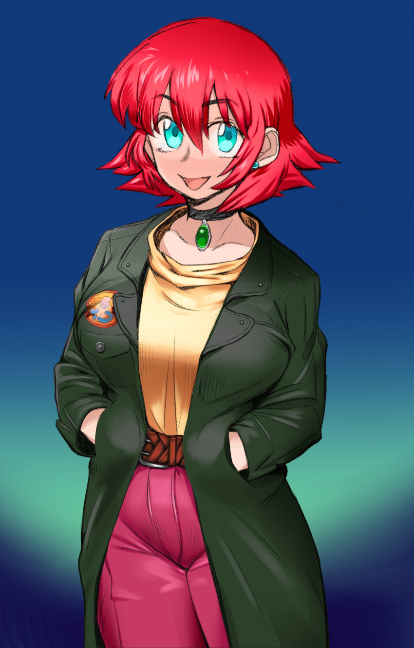 absurdres belt blue_background blue_eyes breasts casual choker coat commentary_request earrings female gem gradient_background green_coat hands_in_hair highres jewelry large_breasts long_coat looking_at_viewer n1rv_ann-a open_mouth pants patch pink_pants red_hair sam_(n1rv_ann-a) samutora_mike short_hair smile solo turtleneck