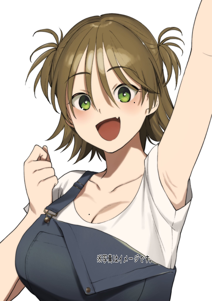 :d armpits blue_overalls breasts cleavage clenched_hand collarbone female green_eyes hair_between_eyes highres large_breasts looking_at_viewer mole mole_on_breast mole_under_eye oerba_yun_fang original outstretched_arm overalls samemanma simple_background skin_fang smile solo two_side_up upper_body white_background