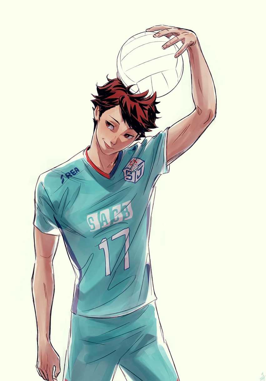 1boy :p arm_up ball brown_eyes brown_hair ceejles commentary cowboy_shot english_commentary haikyuu!! highres jersey looking_away male_focus oikawa_tooru_(haikyuu!!) short_hair shorts simple_background solo sportswear tongue tongue_out volleyball volleyball_(object) volleyball_uniform