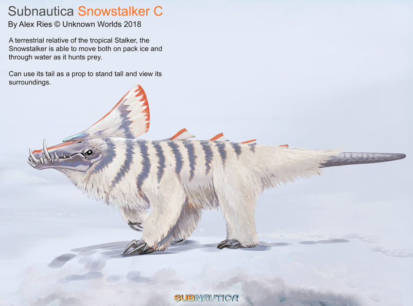 alex_ries alien ambiguous_gender claws concept_art dorsal_ridge english_text fangs feral fur glowing official_art quadruped snow_stalker_(subnautica) solo striped_body striped_fur stripes subnautica subnautica_below_zero teeth text unknown_worlds_entertainment white_body white_fur