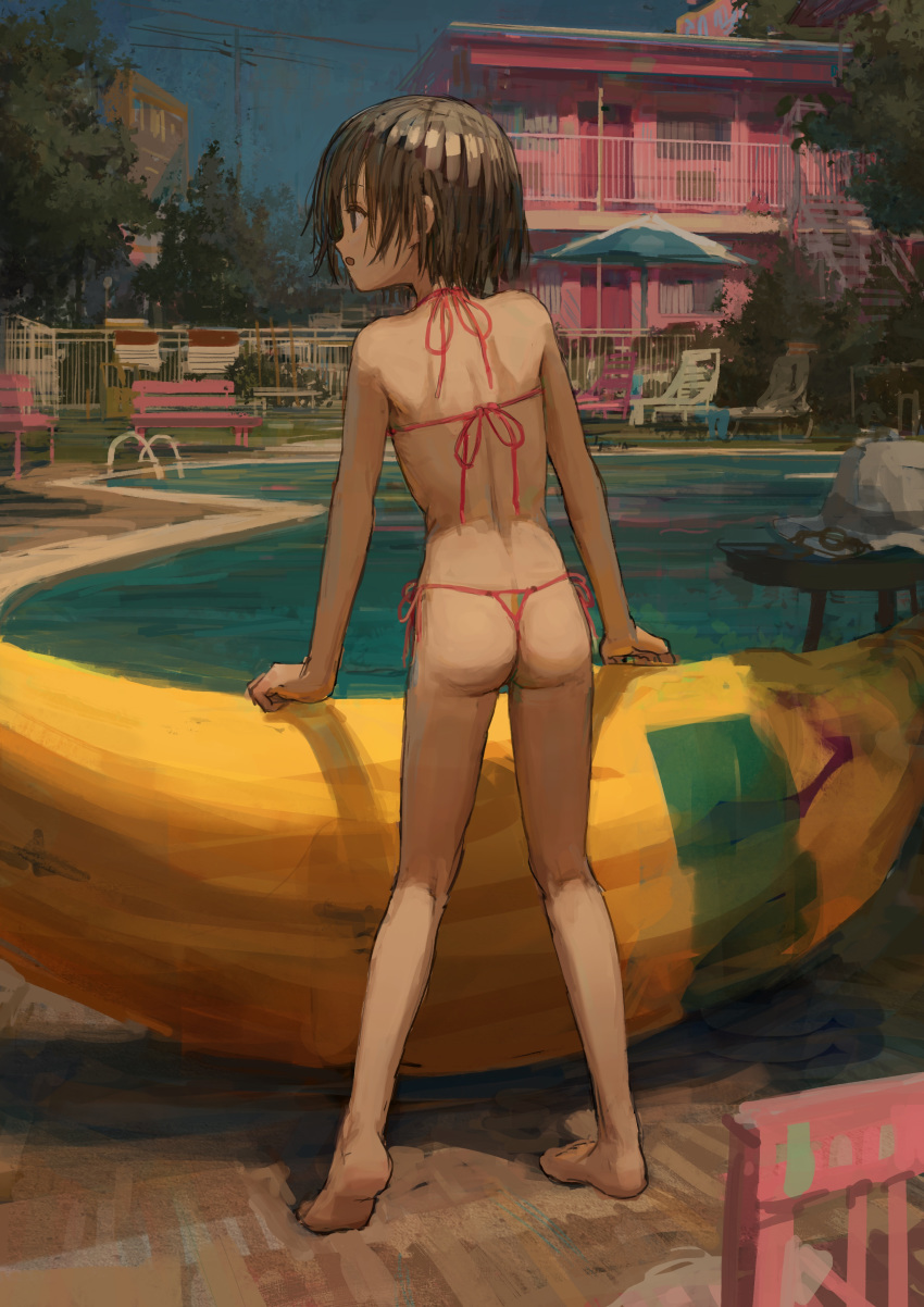 absurdres ass barefoot bench bikini blue_sky brown_eyes brown_hair female from_behind highres looking_to_the_side open_mouth original outdoors parasol pool shion_(mirudakemann) short_hair side-tie_bikini_bottom sky solo standing swimsuit thong_bikini umbrella water