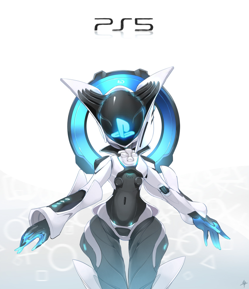 faceless female game_console highres jewelry logo mecha_musume mechanical_ears no_eyes open_hands original personification playstation_5 rati_(absoluteblue) ring robot solo